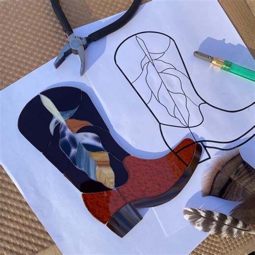 Cowboy Boot With Feather Design Pattern for Stained Glass - With Bonus Simple Cowboy Boot Pattern! (hobby and Commercial) - Etsy