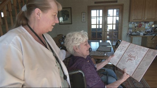 Hospice workers stop by to thank Lila Kozel, founder of hospice care in Bismarck