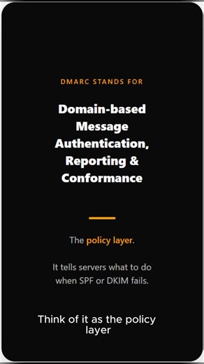 SO Email Security on Instagram: "Part 3 of 3. The final piece. DMARC = Domain-based Message Authentication, Reporting & Conformance SPF checks who sent it. DKIM checks it wasn’t altered. DMARC tells servers what to DO about it. You set a policy: p=none → Monitor only, let it through p=quarantine → Send failures to spam p=reject → Block failures completely Here’s why it matters: Without DMARC, SPF and DKIM are just suggestions. Servers can ignore them. With DMARC, failures are enforced. Servers M
