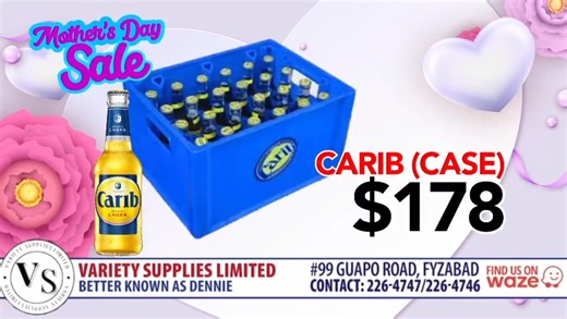 Variety Supplies Limited known to all as Dennie is slashing prices like never before just for Mom Get a wide variety of items at low low prices Porcelain tiles 24 x 24 $35 per piece Across twin tub washing machines from $ $1299 Folding tables starting from $185 Folding chairs $150 each Cushion padded chairs $125 and $135 Fire crackers, two burner standing and table top stoves Carib case $178 Mackeson case $230 Treat Mom with a special gift from Dennie Come in 99 Guapo Road, Fyzabad just 15 minut