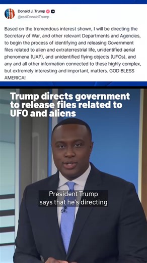 President Donald Trump on Thursday said that he was directing agencies to release files pertaining to “alien and extraterrestrial life.” #aliens #donaldtrump #potus #obama | NBC Chicago