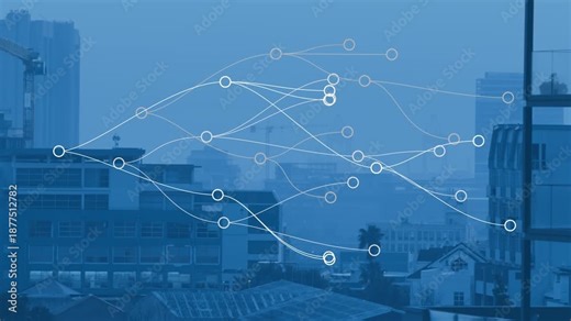 Animation of network of connections over cityscape