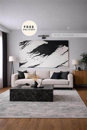 Hand Painted Large Black White Abstract Canvas Painting Modern Minimalist Living Room Wall Art - Etsy