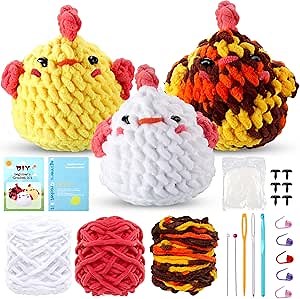 Hotop Crochet Kit for Beginners with Easy Chenille Yarn Crochet Kit for Adults Chicken Crochet Animal Kit with Step by Step Video Tutorials Inexperienced Person DIY Knitting Supplies