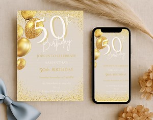 Editable 50th Birthday Invitation for Women | Birthday Party Invite Digital Gold Fifty and Fabulous Party Template | Instant Download Evite - Etsy