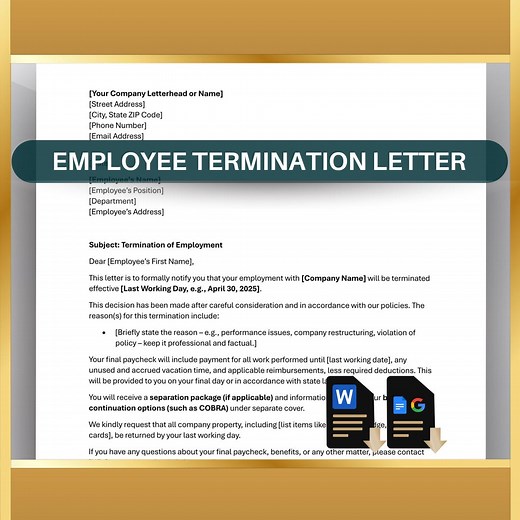 Employee Termination Letter Template: Business HR Dismissal Form (editable Word, Google Docs) - Etsy