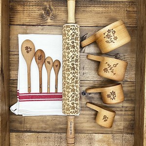 Floral Engraved Beechwood Measuring Cups and Spoons Set With Cotton Kitchen Towel Optional Heart Spoon and 17 Inch Rolling Pins - Etsy
