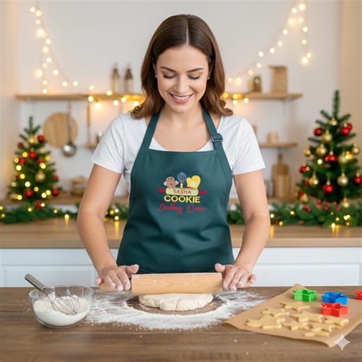 Personalized Christmas Baking Apron: Embroidered Cookie Crew, Green Cotton - Etsy