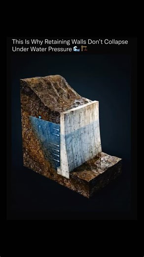 explain_eduverse_ on Instagram: "A small amount of trapped water can create more force than heavy soil, and this is what actually causes many retaining walls to fail. When rainwater builds up behind a wall with no exit, pressure increases rapidly. This hidden force can crack the wall, push it forward, or cause a sudden collapse. This pressure is called hydrostatic pressure. Unlike soil weight, it spreads evenly and keeps rising as more water collects. Even a few inches of trapped water can apply