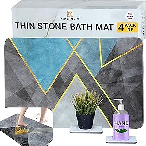 Ultra Thin Bath Mat 4 in 1 Set – 2X Water Absorbing Bath Mat with Soap Dishes – Foldable Fast Drying Bathroom Mat (24x16) Inches, Non-Slip & Stylish Bath Mat Quick Dry – Washable Bath Mat