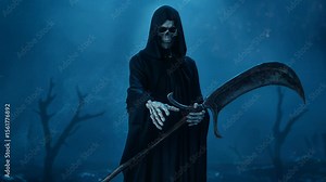 The Grim Reaper holds a scythe and points to the camera because he is coming to get you. The image has a dark and eerie atmosphere ideal for a Halloween video.