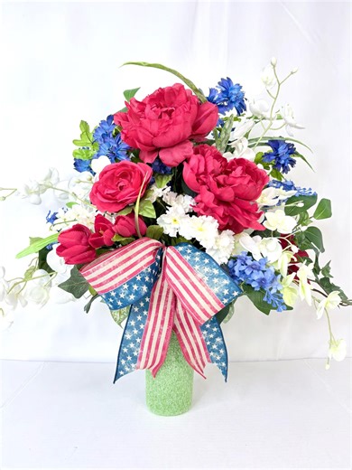 Memorial Flower Vase Arrangement, Red White and Blue Cemetery Bouquet, Spring Grave Decor - Etsy
