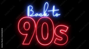 Back to 90's text font with neon light. Luminous and shimmering haze inside the letters of the text Back to 90s.