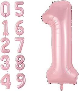 Light Pink 1 Balloon, 40 Inch Large Pastel Pink Foil Helium Number Balloons 0-9 for Girls Women, Jumbo Giant Self Inflating Mylar Pearl Pink Number 1 Balloons for 1st First Birthday Party Decorations