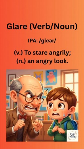 Glare (Verb/Noun) To glare is to stare angrily — intense eyes, tight face, no words needed. 😠👀 It can also describe harsh, blinding light. Glare meaning, angry stare, facial expressions, descriptive vocabulary, English nouns and verbs ✨ Each day, a word. Each word, a world. Step into the rhythm with @flairforwords. #Glare #WordOfTheDay #LearnEnglish #FlairForWords #EnglishExpressions #VocabularyBuilder #DailyEnglish | Flair For Words