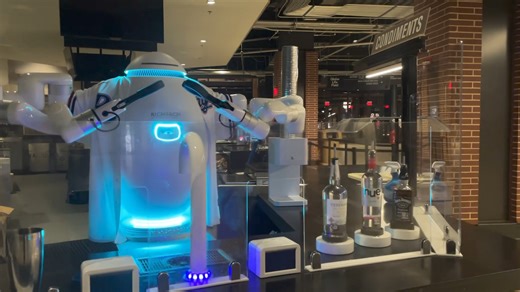 Soo, it’s 5am here at Globe Life Field and my friend, a robot bartender, thinks it’s 5pm😂 No Baileys for this coffee though🤷🏼‍♀️ | Paige Ellenberger