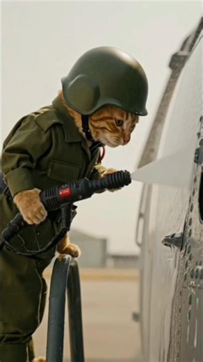 Cat Washing an Army Helicopter with a Power Spray! 🚁🐱 | Funniest Military Cleaner Ever😁#cat #funny