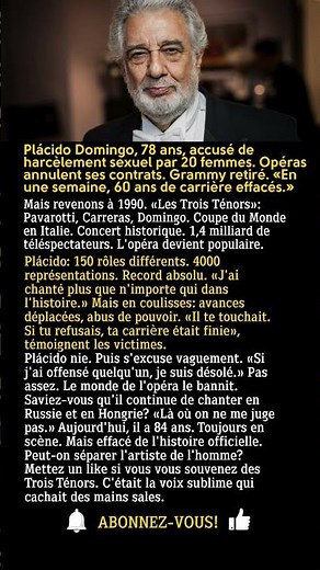 Plácido Domingo : 3 ténors, accusé de harcèlement, il est effacé à 82 ans