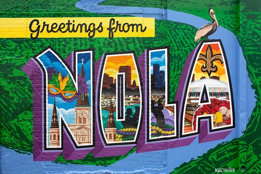Greetings from NOLA Mural Sign in New Orleans, LA - Garden District / Magazine St. — Greetings Tour - The Original Postcard Mural Artists