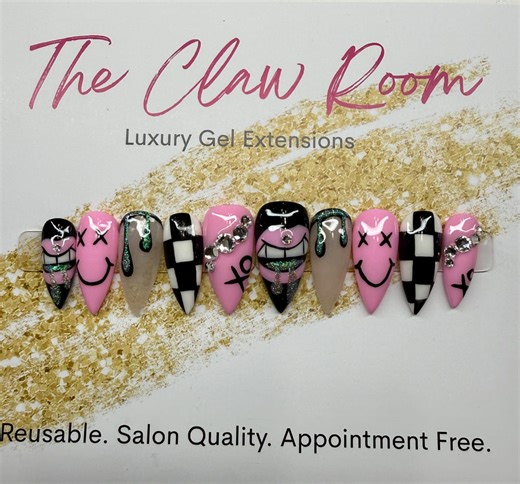 Pink Smiley Face Checkered Glitter Press On Nails, Hand Painted Gel Extensions