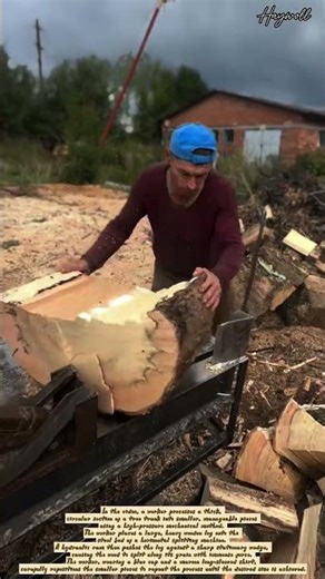 Splitting large timber logs into firewood using a hydraulic wood splitter machine.