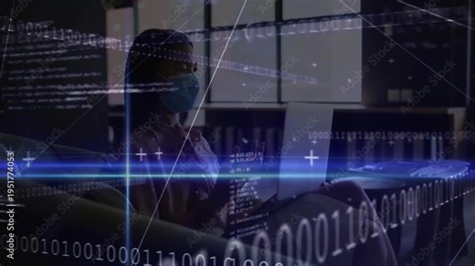 Woman wearing mask typing and clicking laptop in armchair, activating binary code for technology