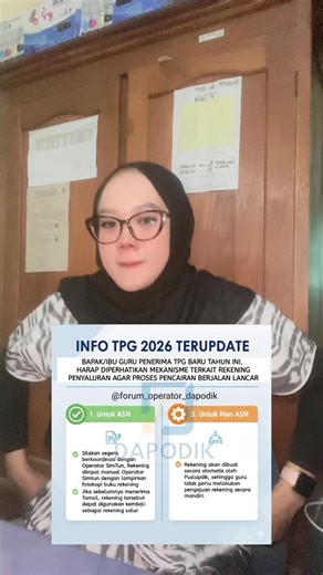 📢 INFO PENTING PENCAIRAN TPG 2026 Bapak/Ibu Guru penerima TPG baru tahun ini, harap diperhatikan mekanisme terkait rekening penyaluran agar proses pencairan berjalan lancar tanpa kendala. ✅ Bagi ASN Silakan segera berkoordinasi dengan Operator SimTun. Cukup bawa fotokopi buku rekening untuk diinput ke sistem. Punya rekening Tamsil sebelumnya? Bisa langsung digunakan kembali, lho! ✅ Bagi Non-ASN: Tetap tenang, rekening Anda akan diproses secara otomatis oleh pihak Puslapdik. Pastikan data di Inf