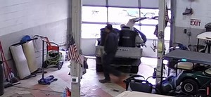 This golf cart crashed into the garage door when the man put something heavy on it. Immediately after the crash, another worker came to help him. As they were checking the damages, another man arrived at the scene to check on the situation. | Jukin Copyright Management