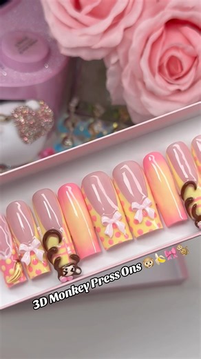 3D Monkey Press Ons🍌🎀🐵🐒 #nails #nailart #naildesigns #trending #shorts #foryou #fy #explore #fyp