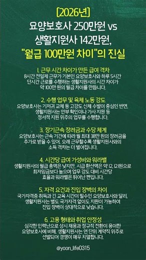 [2026년] 요양보호사 250만원 vs 생활지원사 142만원, "월급 100만원 차이"의 진실