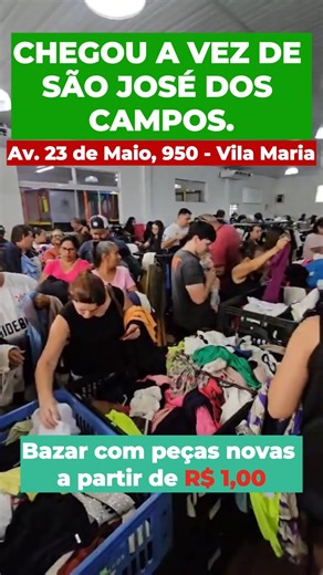 🚨 Atenção SÃO JOSÉ DOS CAMPOS! Mega Bazar LD, Peças Novas com Leves Defeitos a partir de R$ 1,00, preço máximo de R$ 39,90! O Mega Bazar LD traz peças novas de grandes marcas com leves defeitos em moda feminina, masculina, infantil e plus-size. Preços de R$ 1,00 a R$ 39,90 quem chegar primeiro garante as melhores peças! 🗓 Data: 29/10 a 01/11 das 11h as 20h. Sendo que no dia 1/11 será das 11h as 17h. 📍 Local: (Grupo Nova Era) Av. Vinte e Três de Maio, 950 - Vila Maria, São José dos Campos - SP
