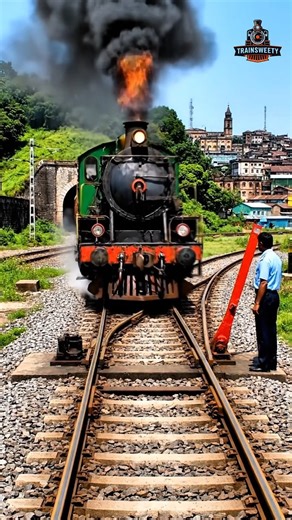 A manual switch operator stands safely beside the track as a train emerges from the tunnel