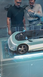 Two male automotive designers create body of new electric car using futuristic virtual reality holographic automobile model. 3D graphics visualization of vehicle high-tech developing. Vertical shot