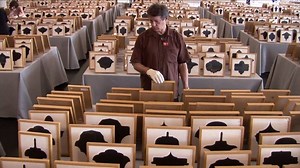 Happy birthday today to Allan McCollum. Seen here is the artist installing his work, "Drawings" (1988/92–93), at the 2008 Bienal de São Paulo, as seen in ART21's "Systems" episode (http://a21.tv/AllanMcCollumSystems). "It occurred to me that if one used a certain kind of logic and really worked at it," says the artist in the episode, "one could come up with a system that would produce a shape for everybody on the planet. | Art21