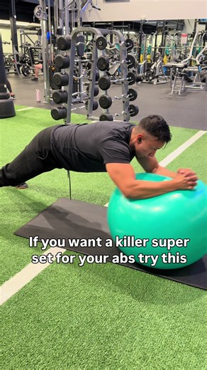 If you want a killer superset that saves time and absolutely smokes your core, try this one. Start with Swiss ball pikes (hips turning up) for 20 reps. Focus on pulling your hips up and keeping your core tight the entire time. This lights up your deep core and stabilizers. Right after that, go straight into landmine rotations for 20 reps total (10 each side). Let your hips rotate naturally while your core and obliques control the movement. Do 3–4 rounds and your core will be cooked. This hits: \