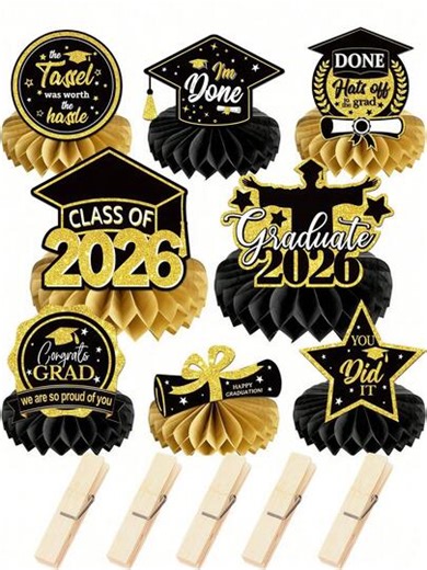 16pcs 2026 Graduation Ceremony Desktop Decoration Set - 2026 "Congratulations" Honeycomb Center Decorations With Clips, Graduation Ceremony Decorations, 2026 "Congratulations On Your Graduation" Honeycomb Center Decorations, Graduation Ceremony Desktop Decorations, Graduation Parade Supplies, Party Favors Set (Black And Gold Color Scheme) | SHEIN