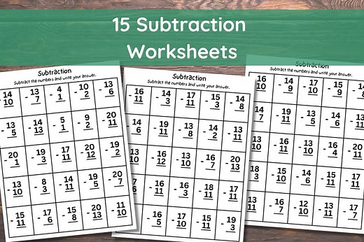 15 Printable Subtraction Fill in the Blanks Worksheets (numbers 1-20) for Kindergarten-1st Grade-2nd Grade Math. Subtraction Worksheets - Etsy