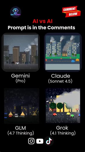 One Prompt on Instagram: "Prompt: Create a single self-contained HTML/CSS/JS file using a 2D canvas that automatically animates a cinematic rainy city scene with a seamless loop, featuring falling rain, wind-blown trees, moving cars with reflections on wet roads, people walking with subtle motion, visible wind effects, rotating wind turbines, and active factories and houses emitting drifting smoke from chimneys, all composed in a dynamic metropolitan environment on a 520×520 canvas without user 