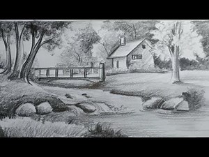 easy pencil shading scenery drawing for kids,landscape scenery drawing,village scenery drawing