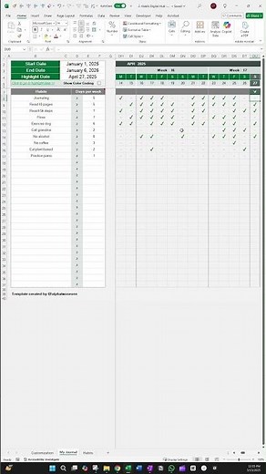 Habit Tracker Excel Template, Daily Tracking, Weekly Goals, Automated Dashboards