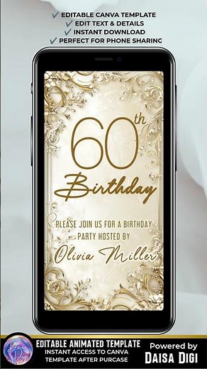 Luxury 60th Birthday Invitation Video | Black Gold Canva Animated Invite