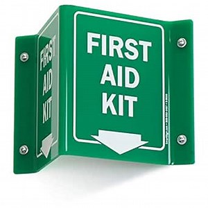 SmartSign First Aid Kit Projecting Sign with Down Arrow - 5" x 6", V-Shaped Acrylic Sign for Hallway, Corridor, Green and White, Made in USA
