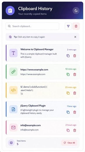 Clipboard History Manager in jQuery | Copy History Feature #coding #shorts
