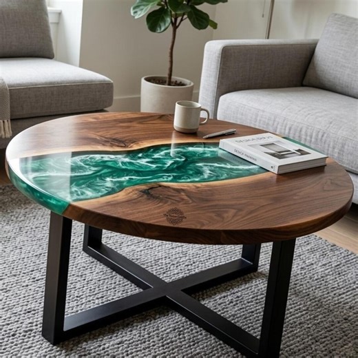 Ocean Style Green Epoxy Coffee Table Round Wood Handmade Rustic Center Table
