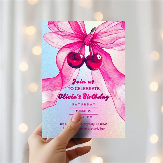 Cherry Birthday Invitation Template, Editable Cherry Bow Birthday Invite, Cherry Theme Girl Party Card, Digital & Printable Canva Evite - Etsy