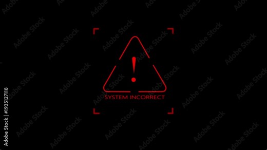 Triangle warning symbol with system incorrect digital error concept representing system malfunction. Modern software issue, authentication failure, network problem, on black background.