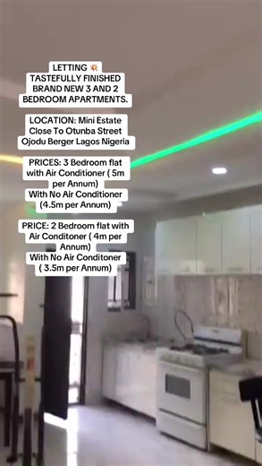 FEATURES: Automated Remote Control Gate CCTV Cameras Furnitures Gas Cookers Chandelier Standby Air Conditioner American Style Kitchen Cabinets Ample Parking Space And A Security Post. LOCATION: Mini Estate Close To Otunba Street Ojodu Berger. PRICE: 2 Bedroom flat with Air Conditoner Note: Strictly For A Reputable Cooperate Organization/body or cooperate Individual with a verifiable Office/ Company Address. 4 FLATS AVAILABLE: COOPERATE ORGANIZATION IS ALLOWED TO RENT ALL. #lydzeeproperties #hous
