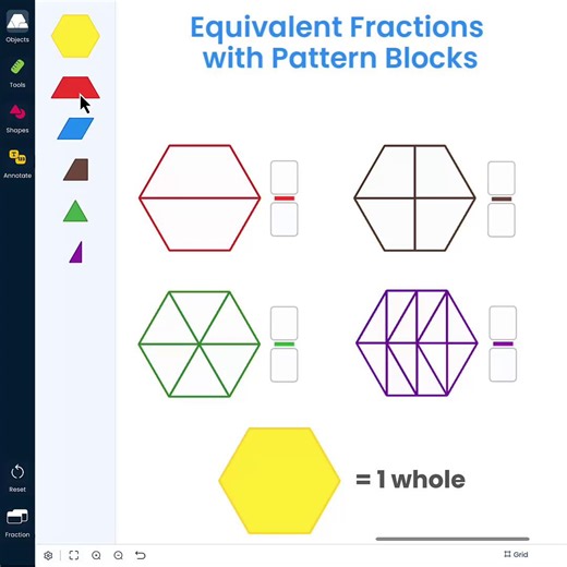 Brainingcamp on Instagram: "🎉 Tutorial Tuesday! The Fraction Workspace in Pattern Blocks offers a powerful visual model for teaching equivalent fractions. Explore our updated Tutorial Videos for all 18 manipulatives! 👨‍💻 bit.ly/BCTutorials"