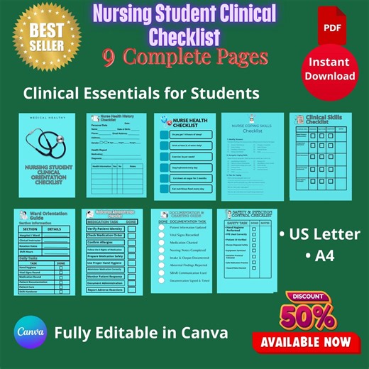 Nursing Student Clinical Orientation Checklist, 9 Page Nurse Essentials, Medication Guide, Clinical Skills Tracker, Canva Editable, A4 US - Etsy