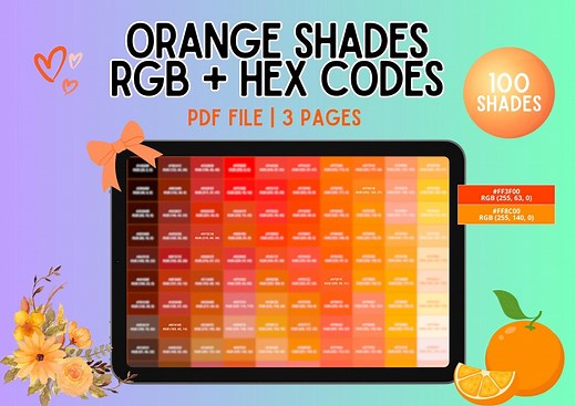 100 RGB   HEX Orange Color Codes | Digital Chart for Branding, Web and Graphic Design, Printable Color Palette Samples, Color Swatch - Etsy UK